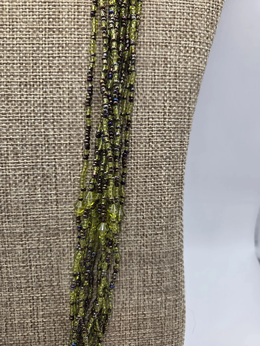 1599. Vintage Multi-Strand Olive Green Beaded Women's Necklace